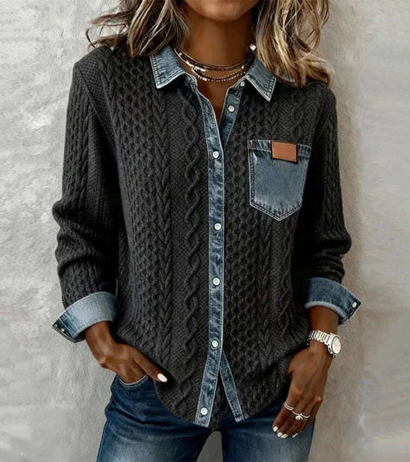 Ambra | Top en maille patchwork avec détails en denim