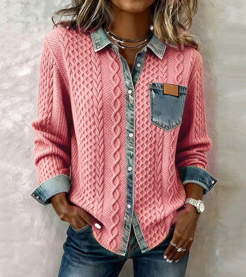 Ambra | Top en maille patchwork avec détails en denim